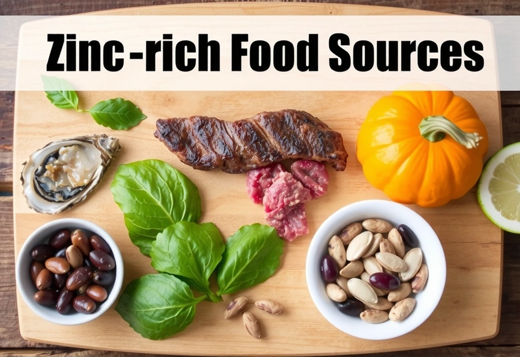 Grafika przedstawiająca różnorodne, bogate w cynk produkty spożywcze, takie jak ostrygi, czerwone mięso, nasiona dyni, orzechy, rośliny strączkowe, na tle rustykalnej drewnianej deski.