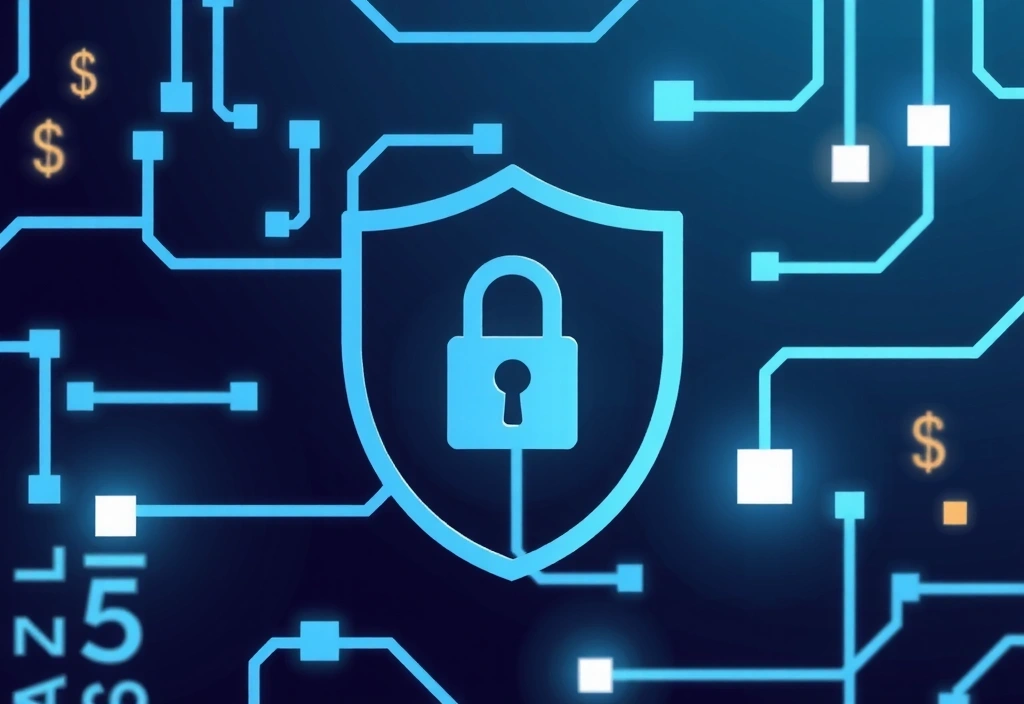 Ilustracja symbolizująca ochronę danych osobowych, z tarczą i kłódką na tle cyfrowych danych.