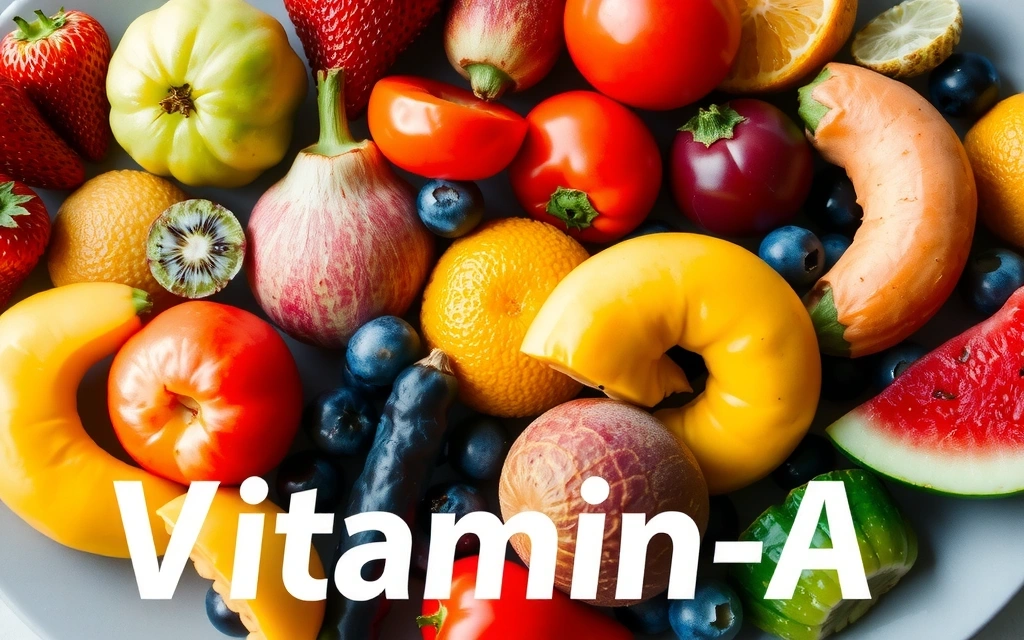 Kolorowy talerz pełen różnorodnych owoców i warzyw, podkreślający znaczenie zróżnicowanej diety dla witaminy A.