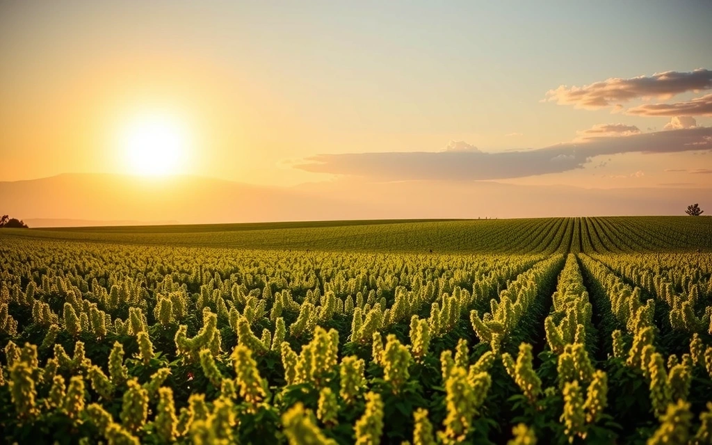 Słońce świecące nad zielonym polem symbolizujące witaminę D i zdrowie