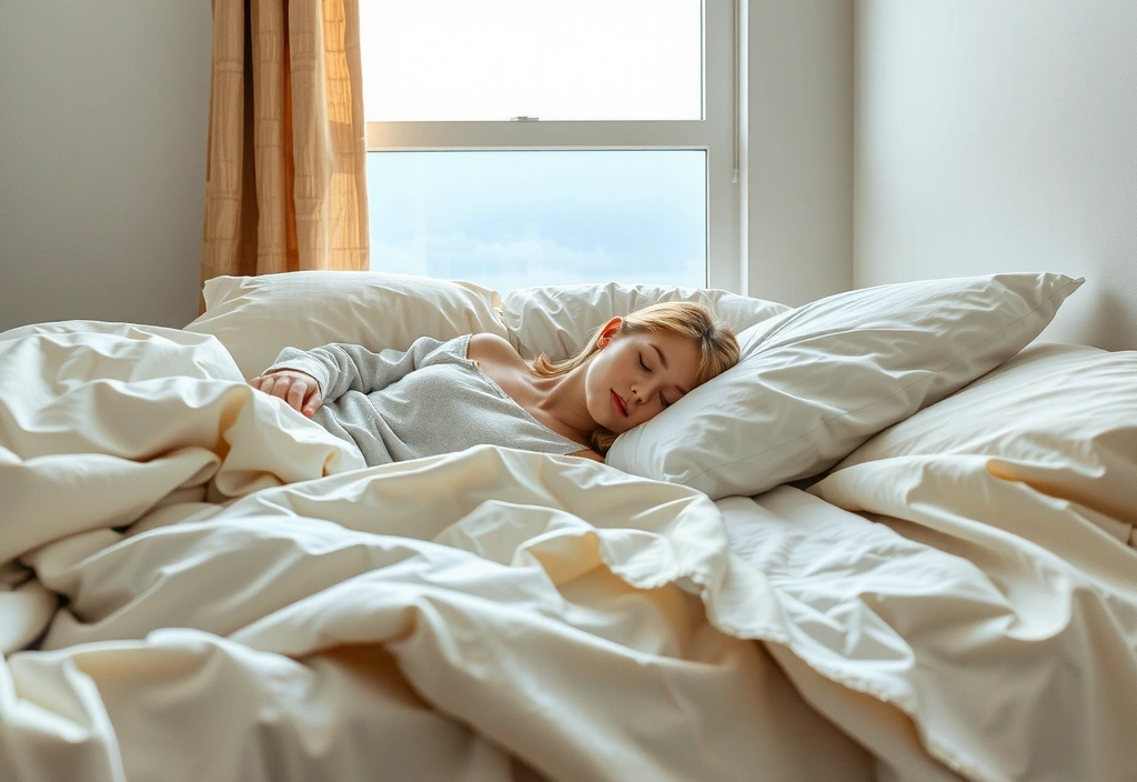Osoba śpiąca spokojnie w łóżku, otoczona miękką pościelą, z delikatnym światłem wpadającym przez okno.